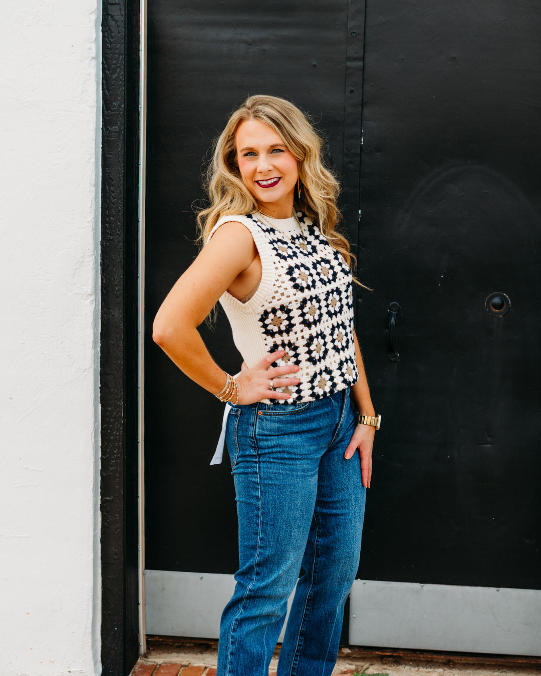 Karen Kane: Patchwork Crochet sweater Tank in Multi color