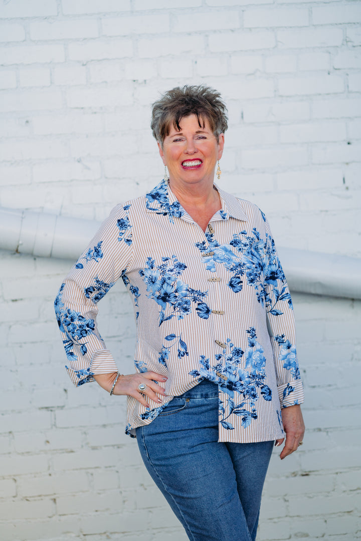 Multiples: Turn-Up Cuff 3/4 Sleeve Shirt in Multi M15307BM