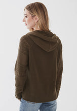 Load image into Gallery viewer, French Dressing Jeans: Hoodie Sweater with Crochet Sleeves in Olive
