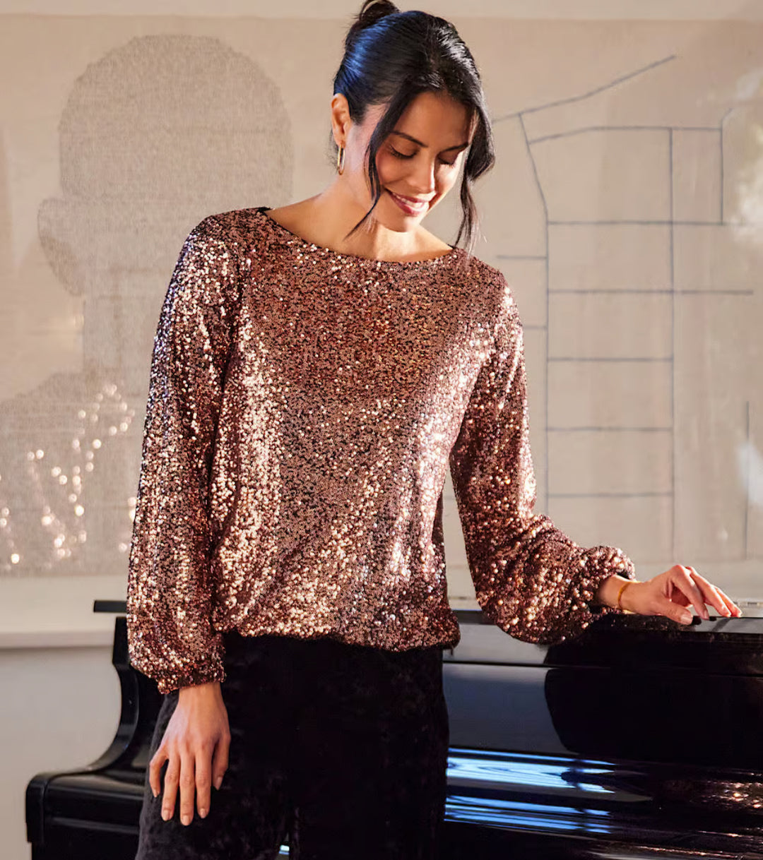 Karen Kane: Sequin Boatneck Top in Copper 3L30500