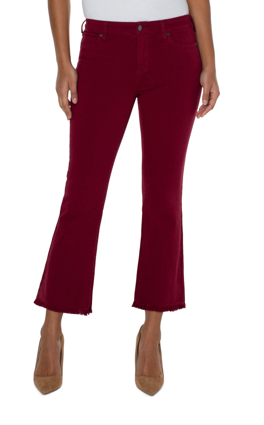 Liverpool: Hannah Crop Flare with Fray Hem in Red Velvet