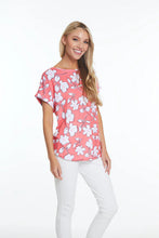 Load image into Gallery viewer, Multiples: Cuffed Short Sleeve Dolman Faux Button Back Hi-Lo Print Slub Knit Top in M24104TM
