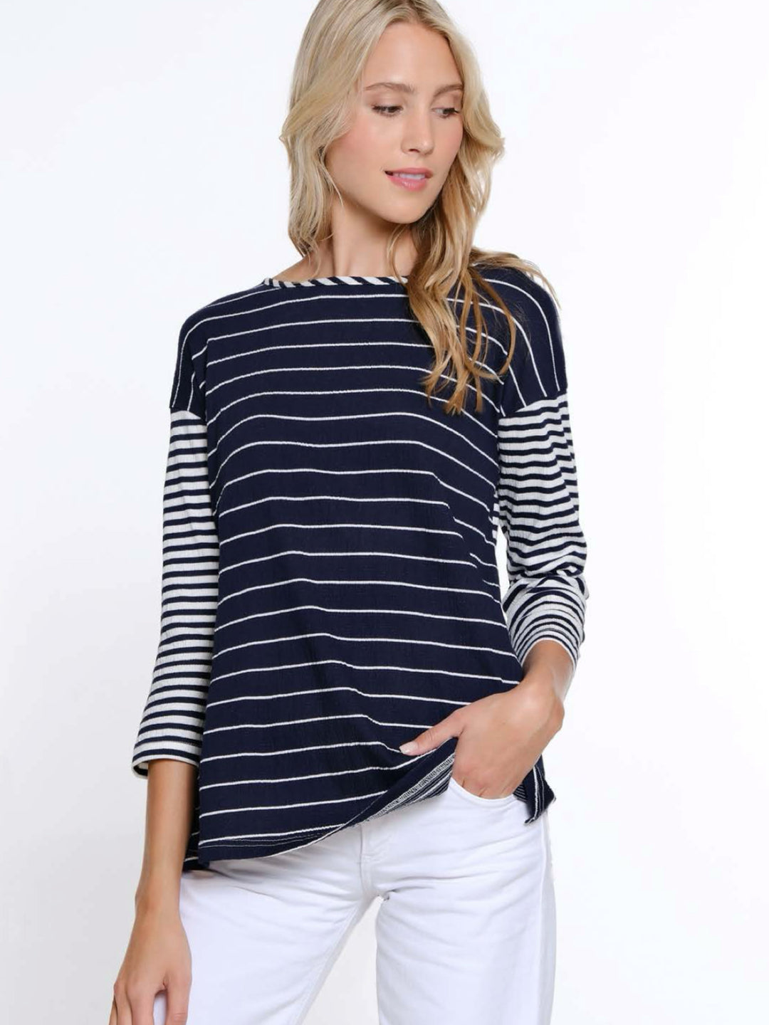 Multiples: 3/4 Sleeve Scoop Neck Laced Tie Back Hi-Lo Top in MIDNGT M15508TM