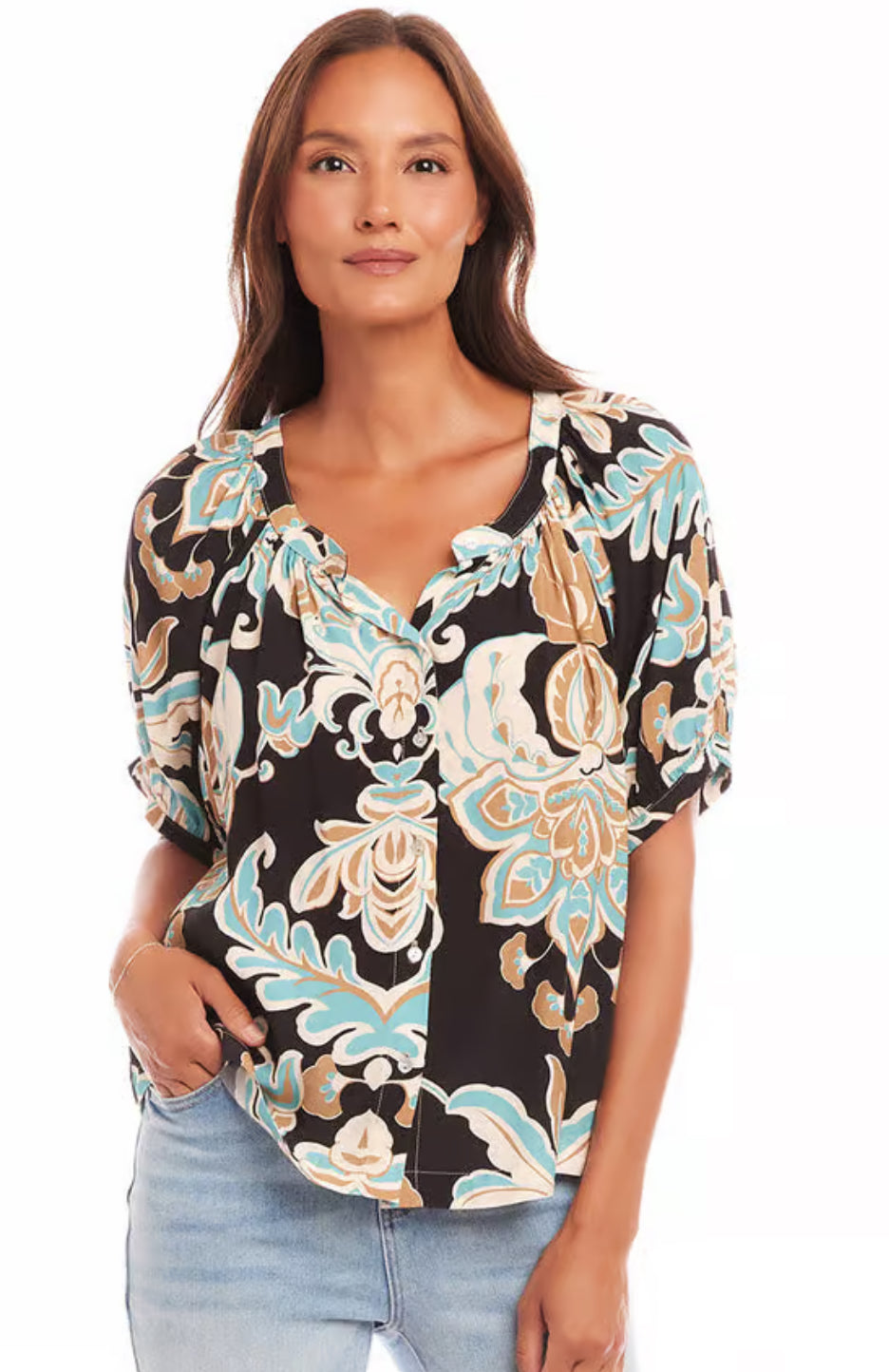 Karen Kane: Short Sleeve Peasant Top in Print