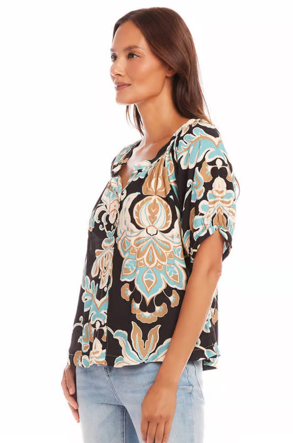 Karen Kane: Short Sleeve Peasant Top in Print
