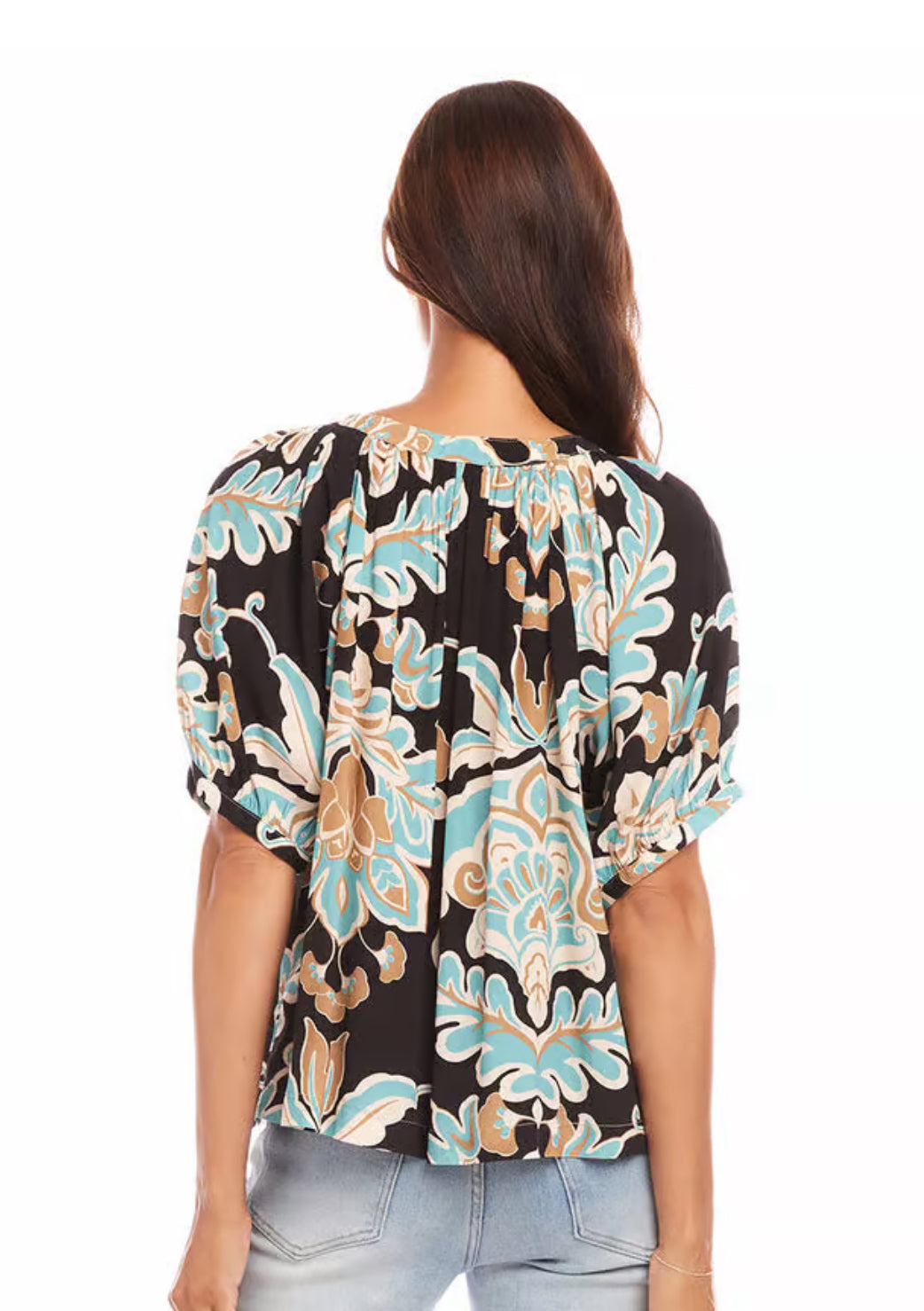 Karen Kane: Short Sleeve Peasant Top in Print