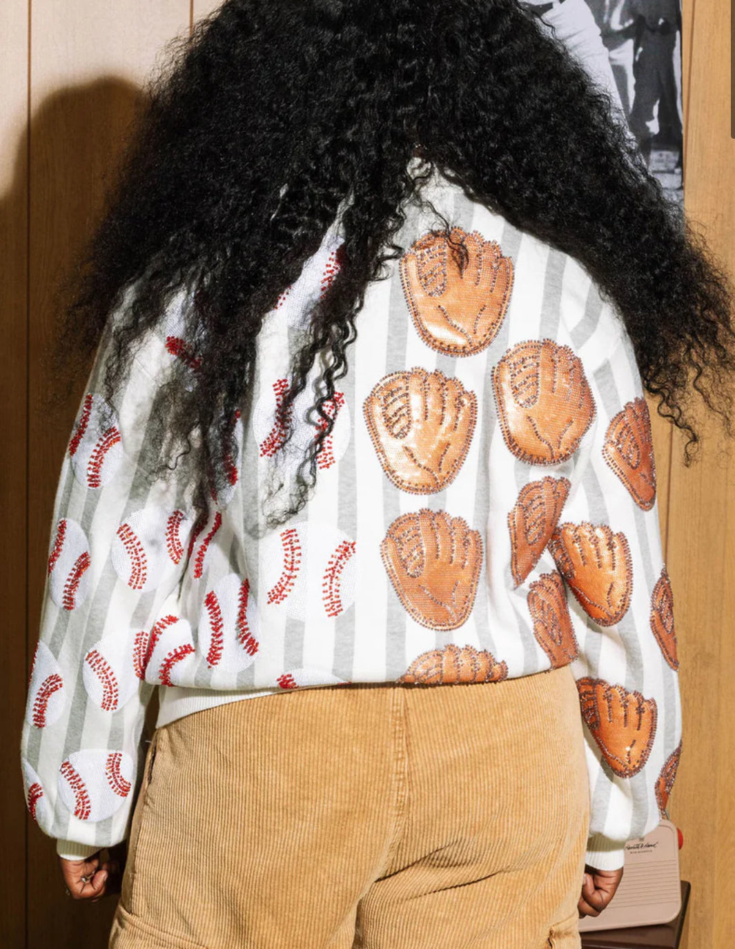 Queen Of Sparkles: Grey & White Stripe Baseball & Glove Cardigan