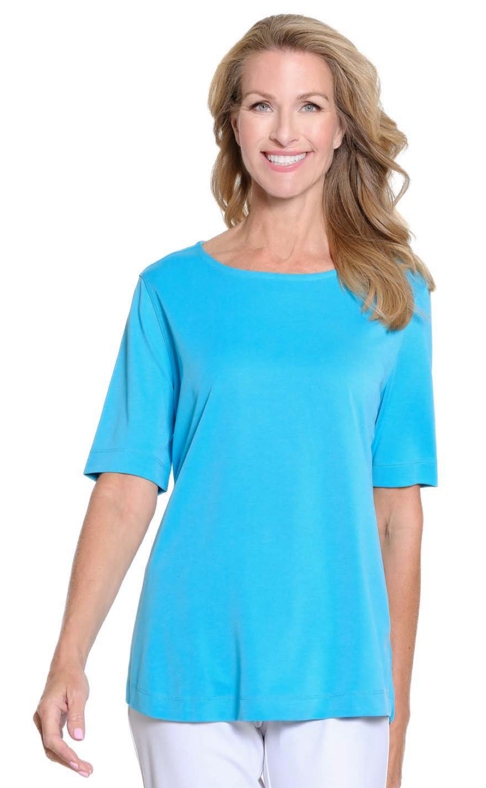 Multiples: (Fiesta) Elbow Sleeve Scoop Neck Top in BRTTRQ M25102TM