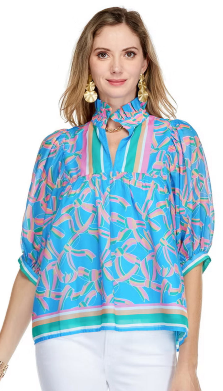 Jade: High Neck Puff Sleeve Top in Pastel Palate