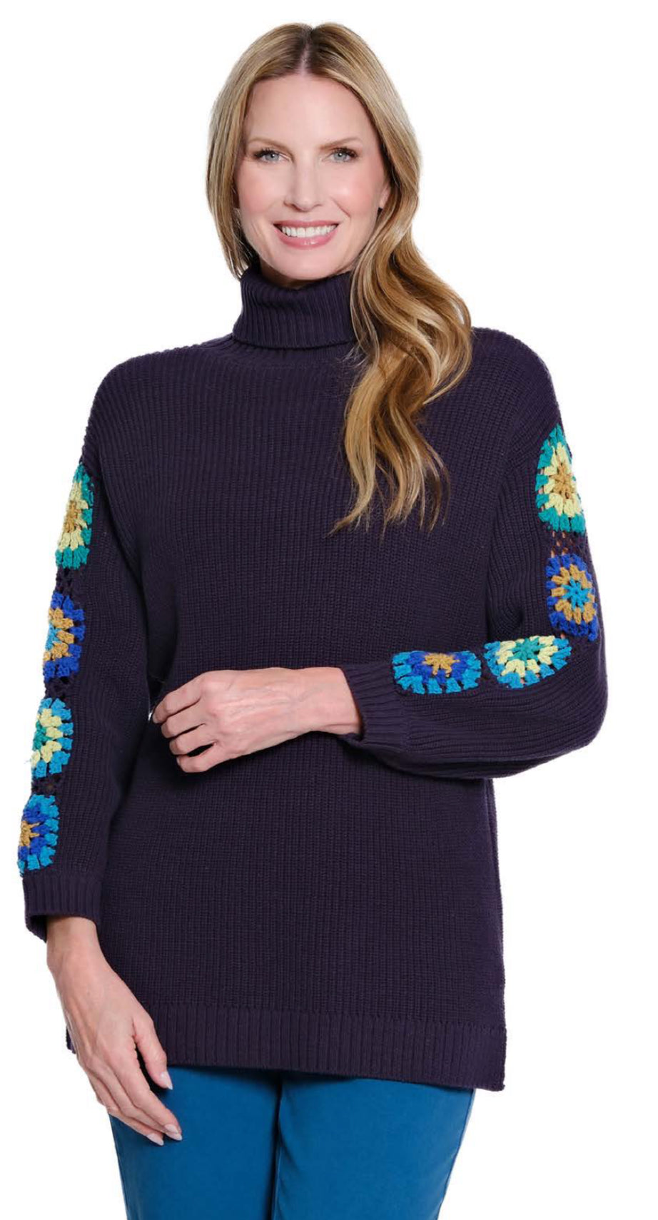 Multiples: 3/4 Sleeve Soild Sweater Knit Mock Neck in Midinight (M45401KM)