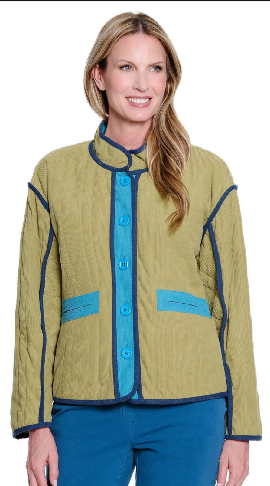Multiples: Stand Collar Button Quilted Solid Cord Lined in Multi (M45405JM)
