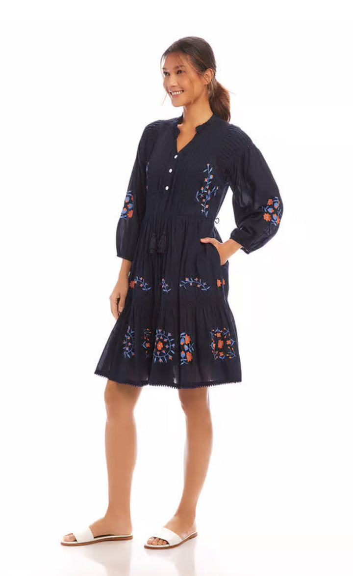 Karen Kane: Embroidered Lace Trim Dress in Navy