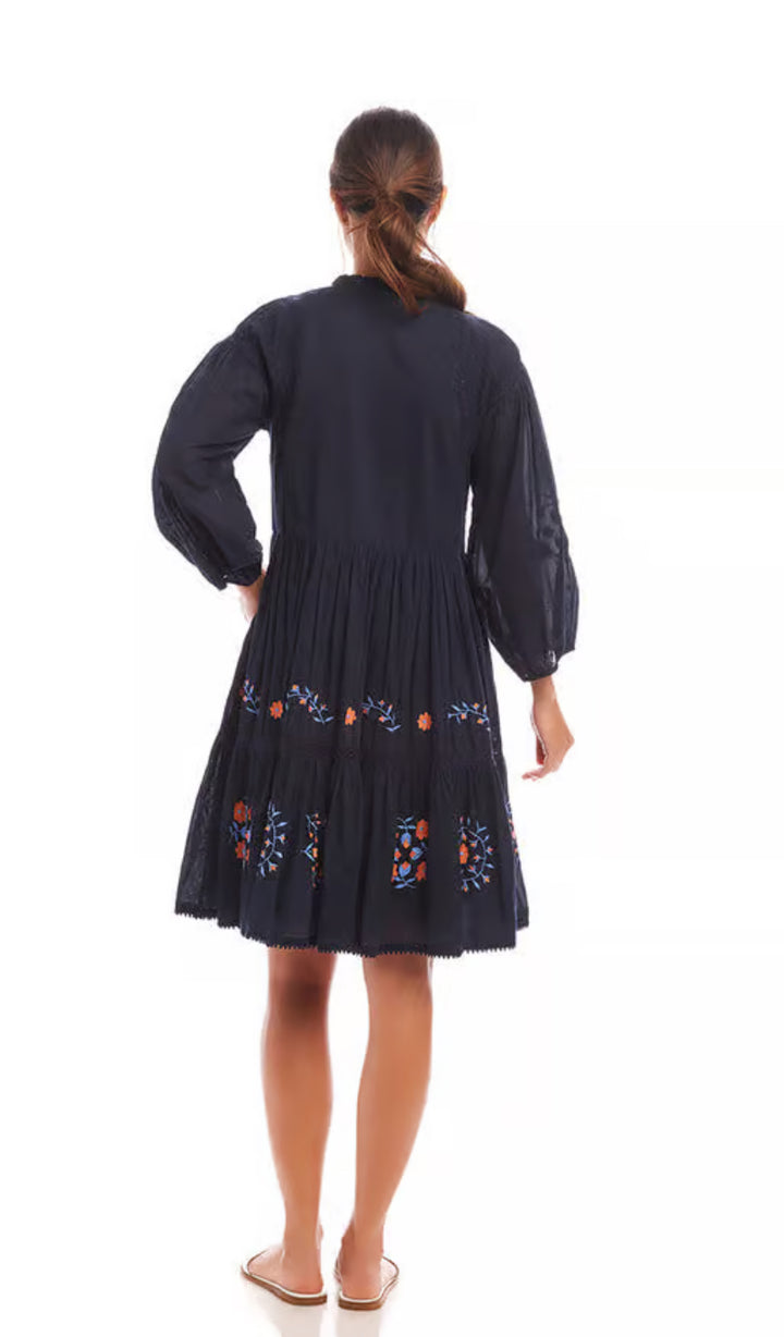 Karen Kane: Embroidered Lace Trim Dress in Navy