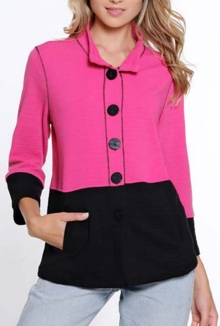 Multiples: 3/4 Band Sleeve Wire Collar Jacket in Fuchsia M15404JM