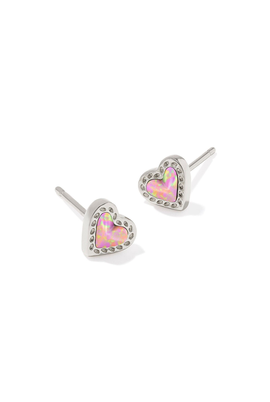 Kendra Scott: Mini Ari Heart Stud Earrings in Silver Bubblegum Pink Opal
