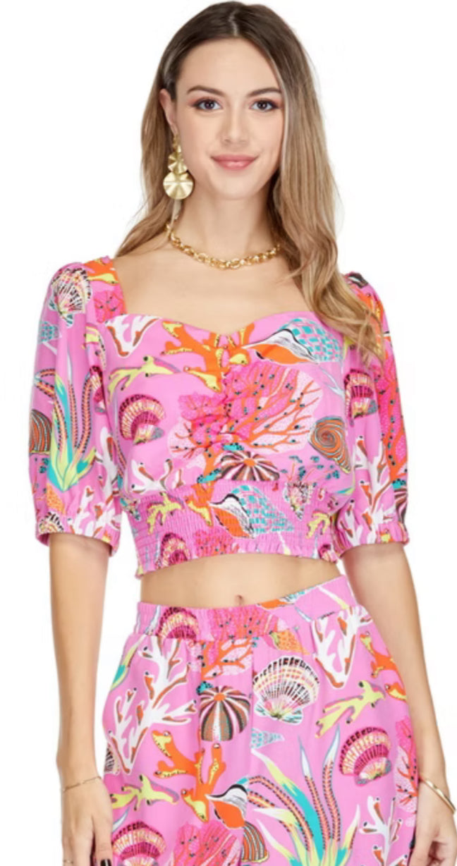 Joy Joy: Seashells Cinch Waist Crop Top in Pink 72D7554