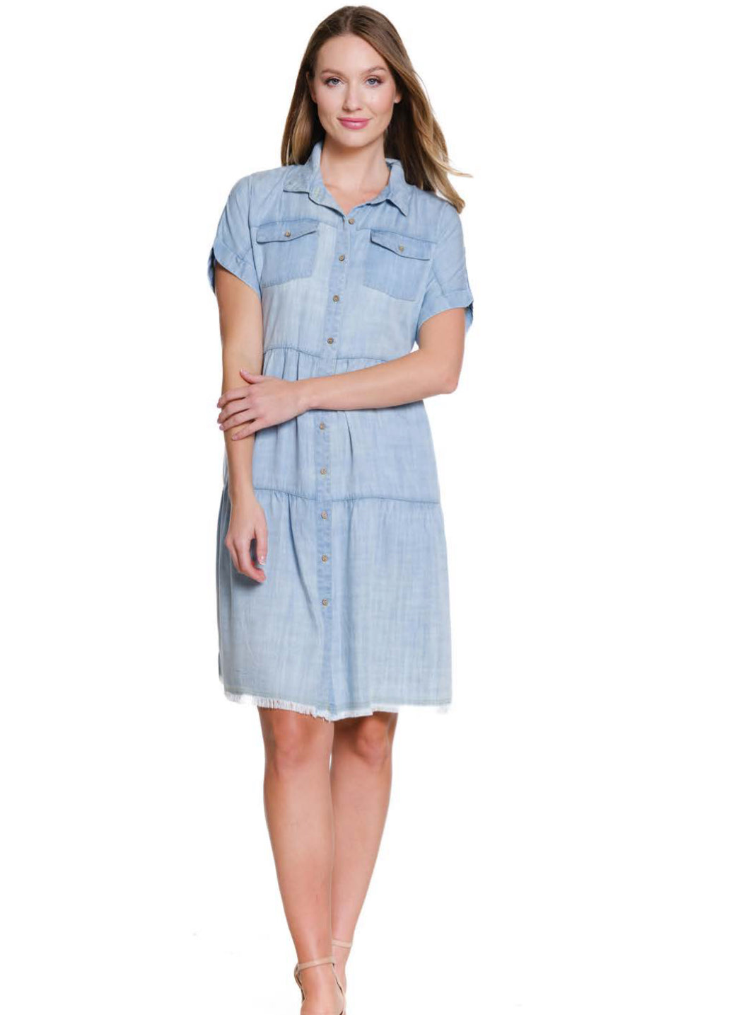 Multiples: (Liberty) Cuffed Cap Sleeve Dolman Tiered Solid Twill Shirtdres in Light Indigo M25113DM