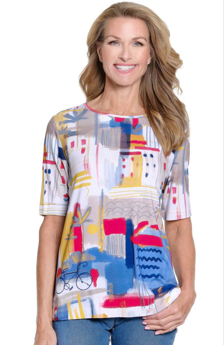 Multiples: (Liberty) 3/4 Sleeve Scoop Embellished Placement Top in Multi M25507TM