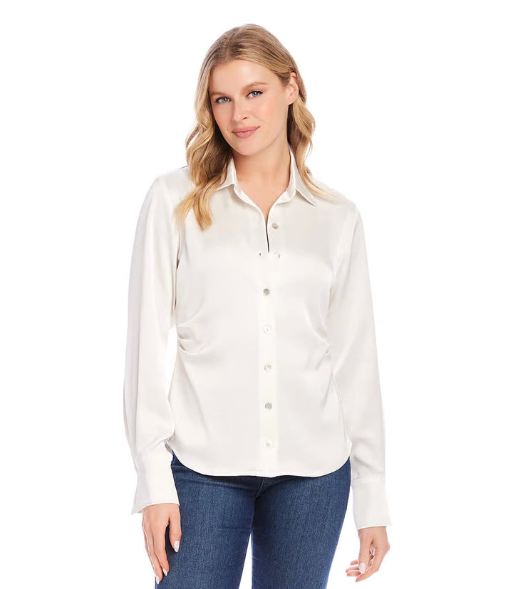 Karen Kane: Satin Side Pleat Shirt in Cream