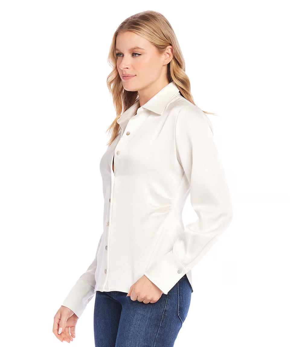 Karen Kane: Satin Side Pleat Shirt in Cream