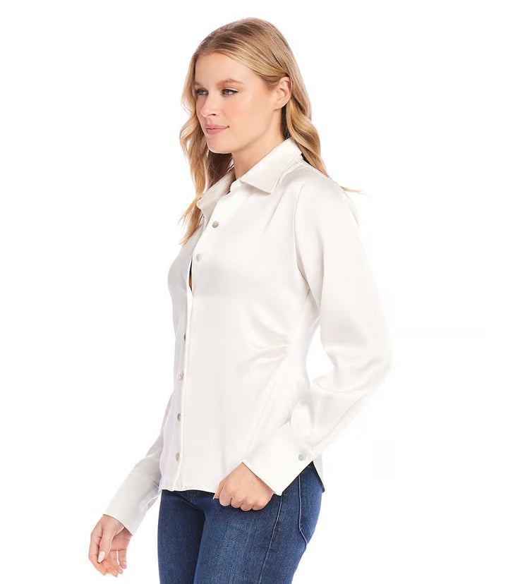 Karen Kane: Satin Side Pleat Shirt in Cream