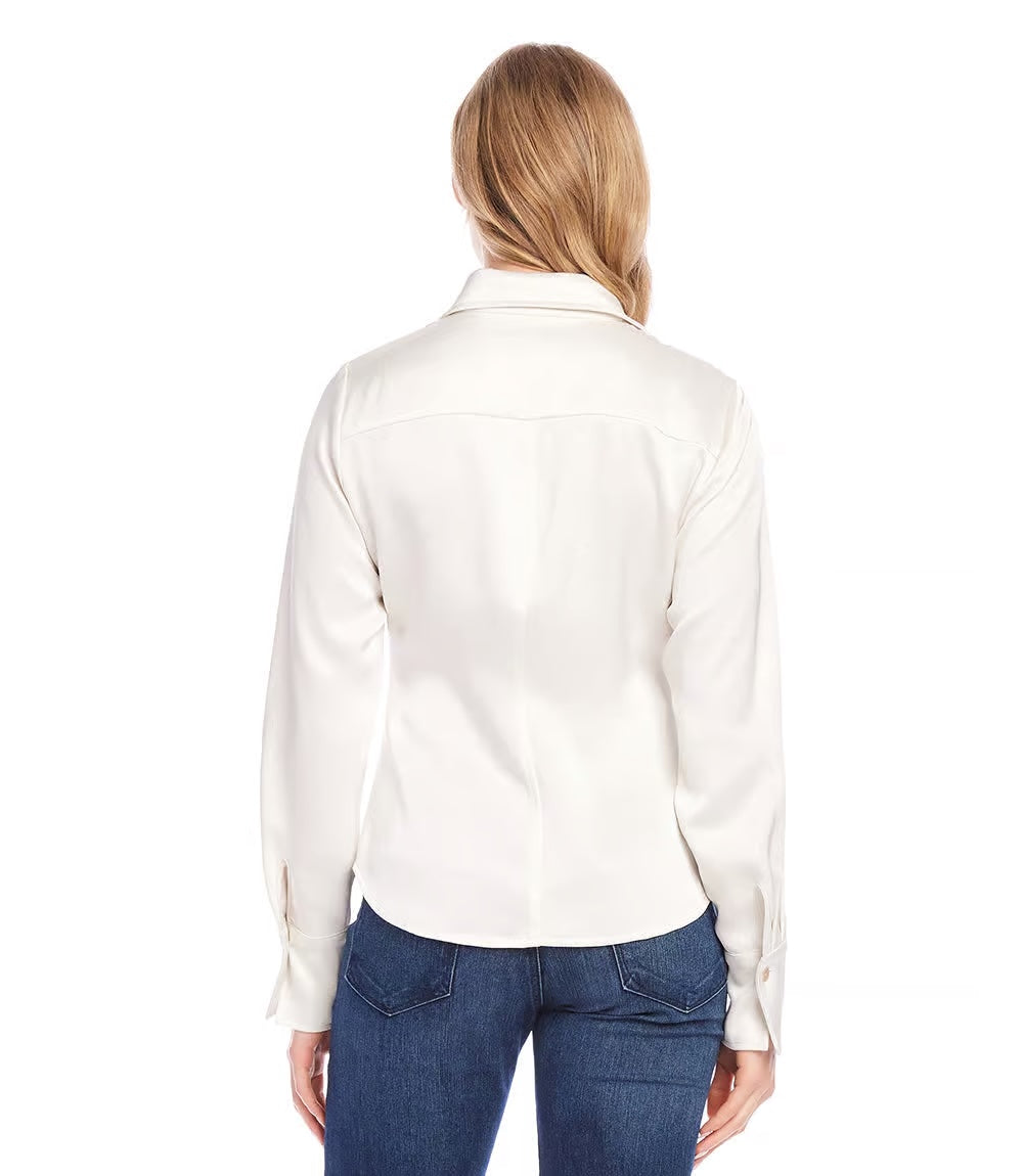 Karen Kane: Satin Side Pleat Shirt in Cream