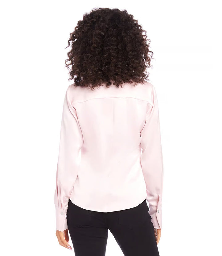 Karen Kane: Satin Side Pleat Shirt in Pink