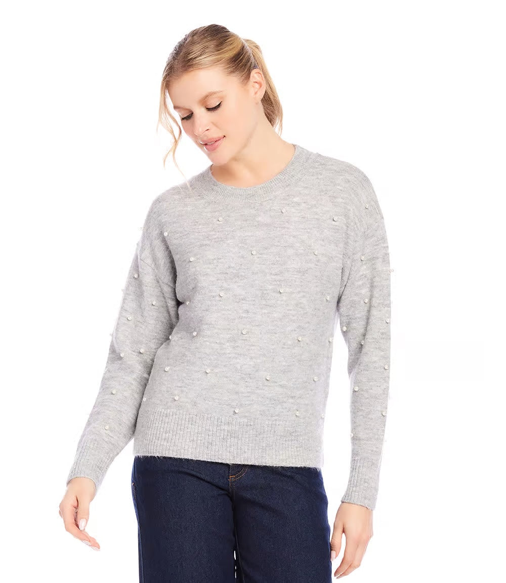 Karen Kane: Pearl Crewneck Sweater in Light Heather Grey