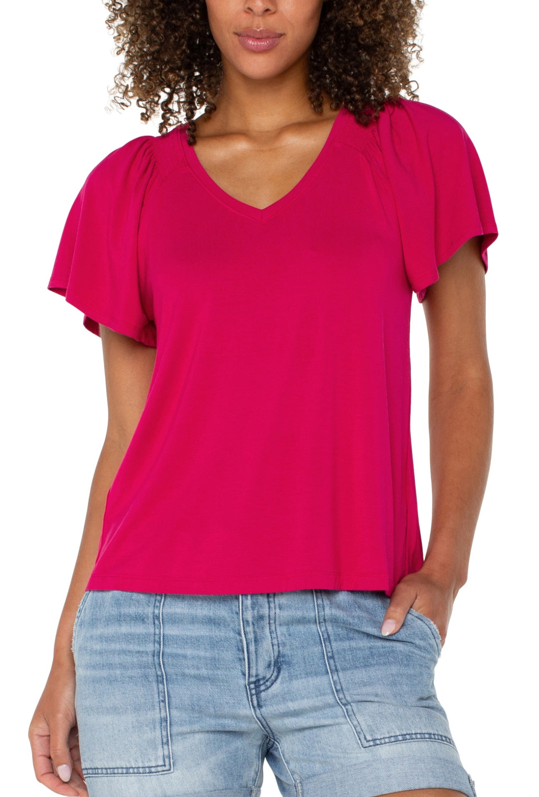 Liverpool: Short Flutter Sleeve V-Neck Top in Cersie LM8F14VMK