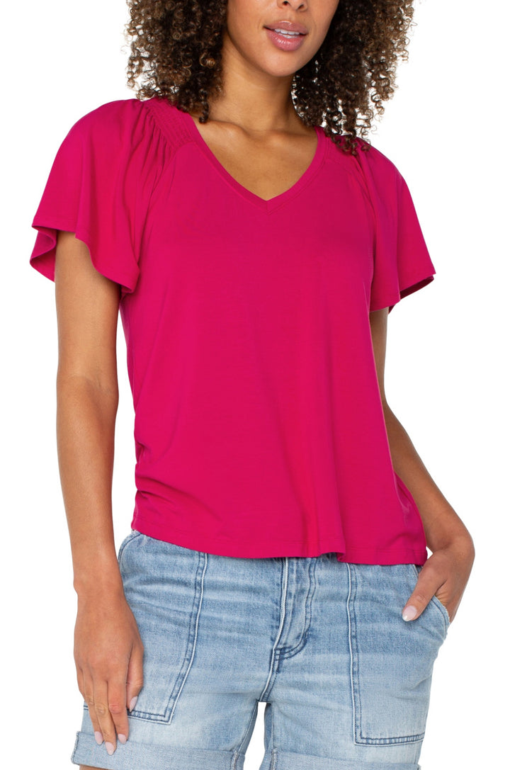 Liverpool: Short Flutter Sleeve V-Neck Top in Cersie LM8F14VMK