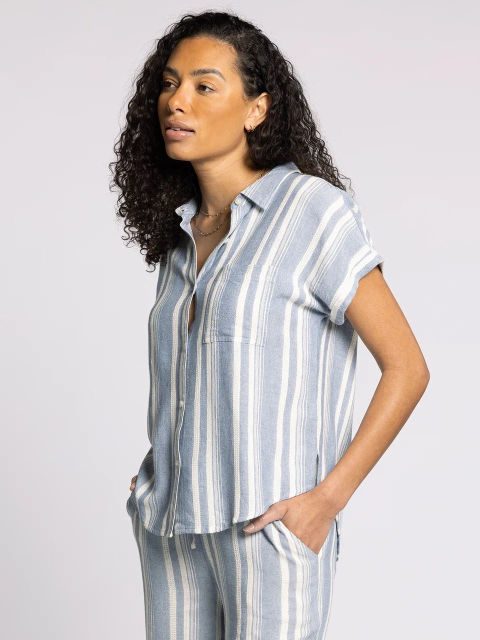 Thread & Supply: Benny Shirt in Ivory Blue Stripe