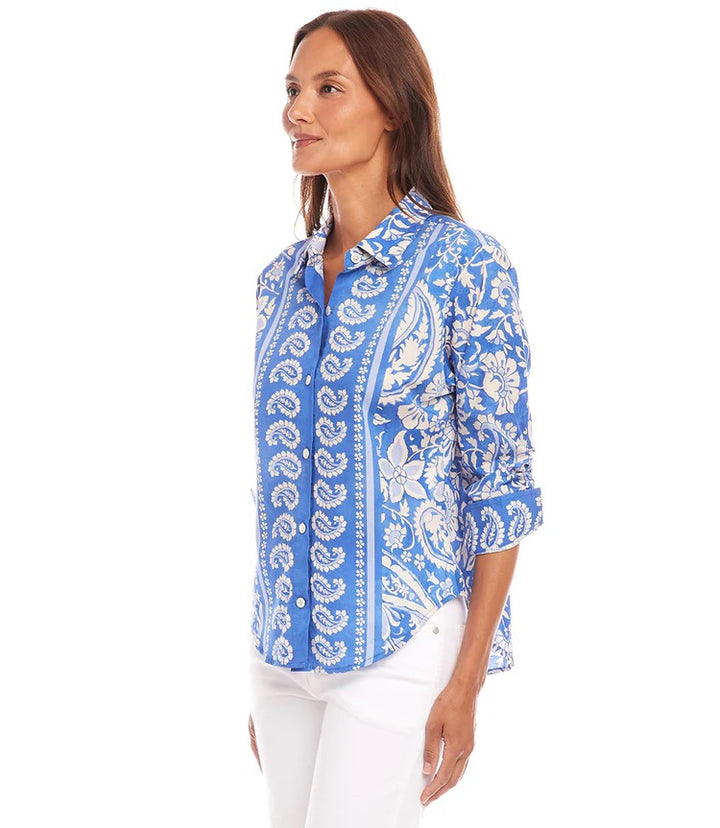 Karen Kane: Ruched Sleeve Shirt in Floral Paisley Print