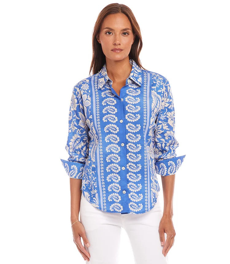 Karen Kane: Ruched Sleeve Shirt in Floral Paisley Print