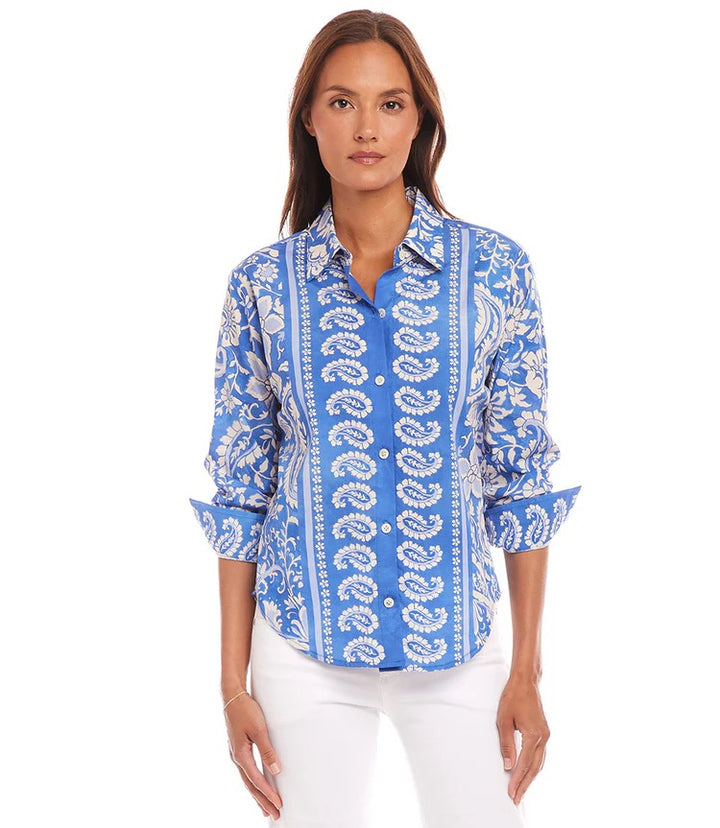 Karen Kane: Ruched Sleeve Shirt in Floral Paisley Print