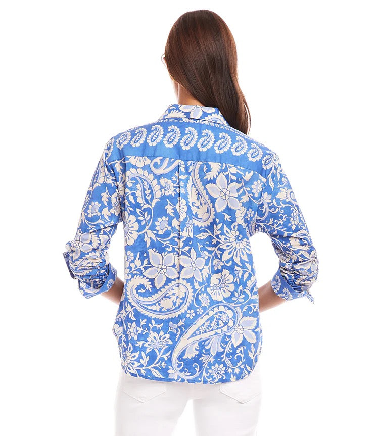 Karen Kane: Ruched Sleeve Shirt in Floral Paisley Print