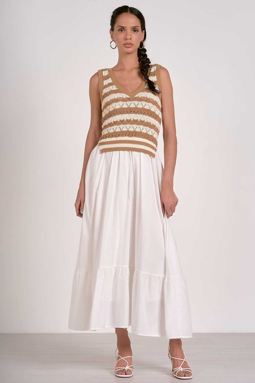 Elan: Crochet Dress in White/Tan