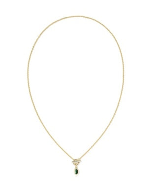 KENDRA SCOTT: MINI ELISA TOGGLE SHORT PENDANT NECKLACE IN GOLD GREEN TIGERS EYE