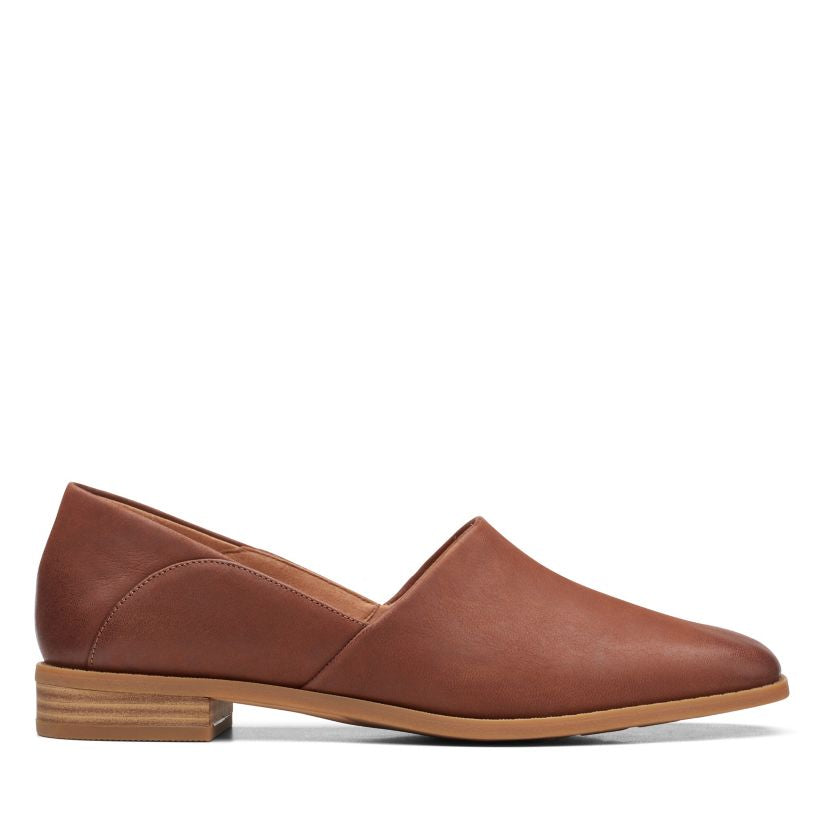 Clarks: Pure Belle Dark Tan Leather Slip On Shoe - The Vogue Boutique