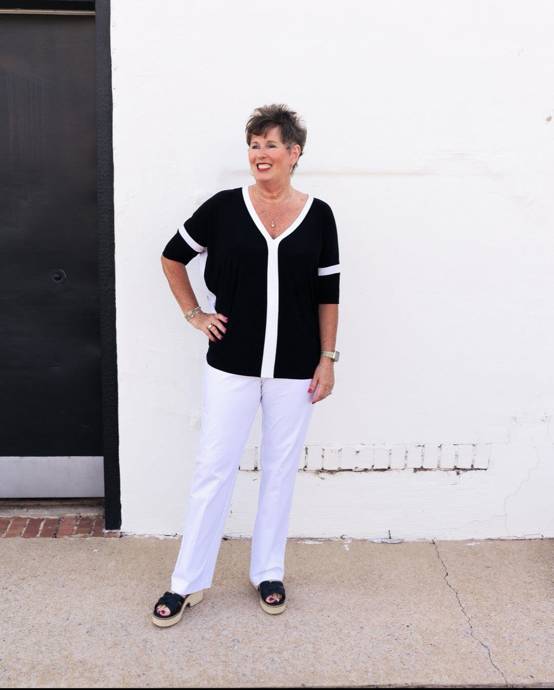 Joseph Ribkoff: Silky Knit Color Block Top in Black/Vanilla 241125