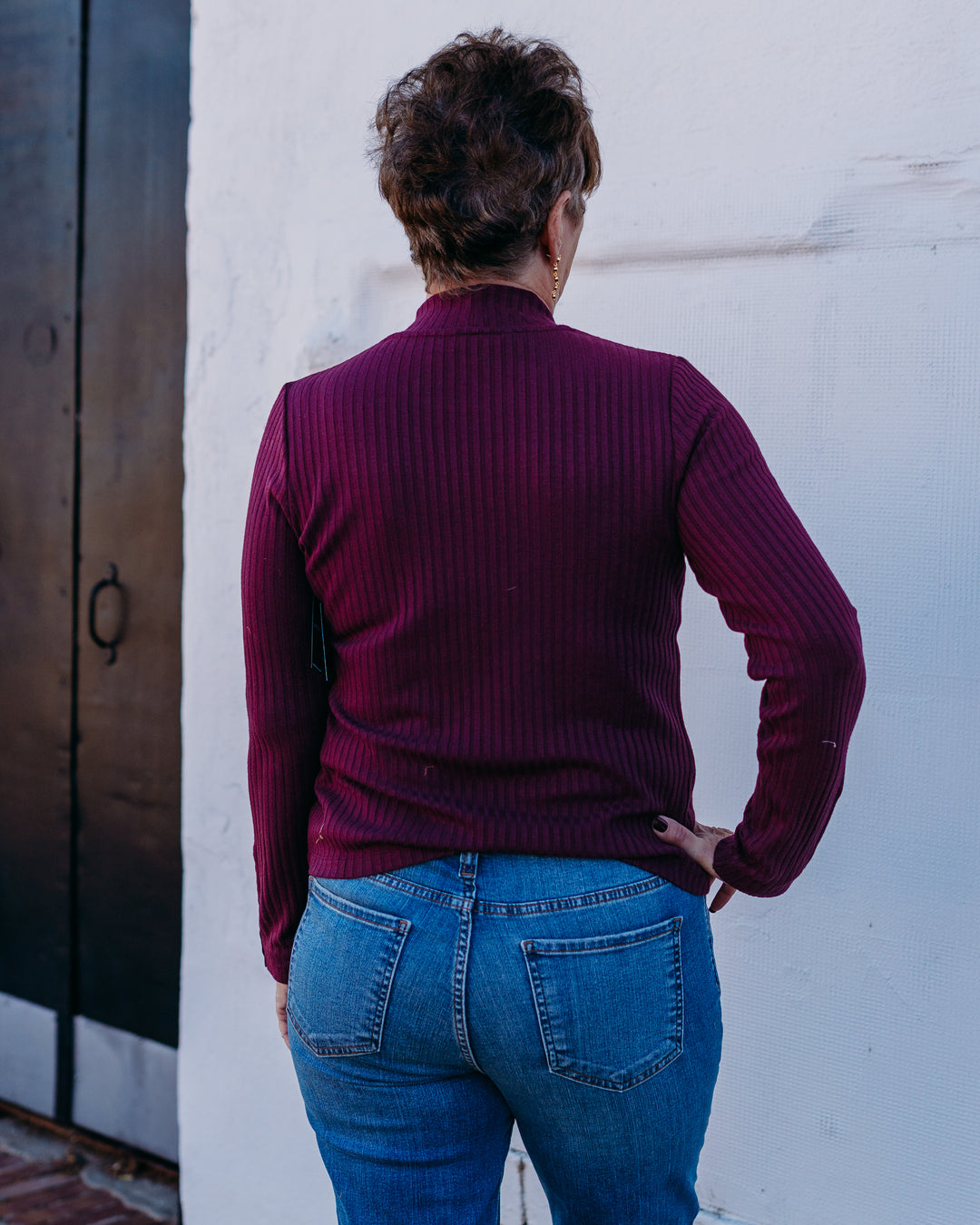 Liverpool: Long Sleeve Mock Neck Top with Button Detail in Wine Berry