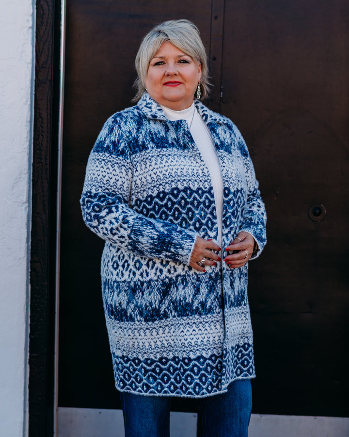 Liverpool: Long Sleeve Open Front Sweater Coat in Navy Mix