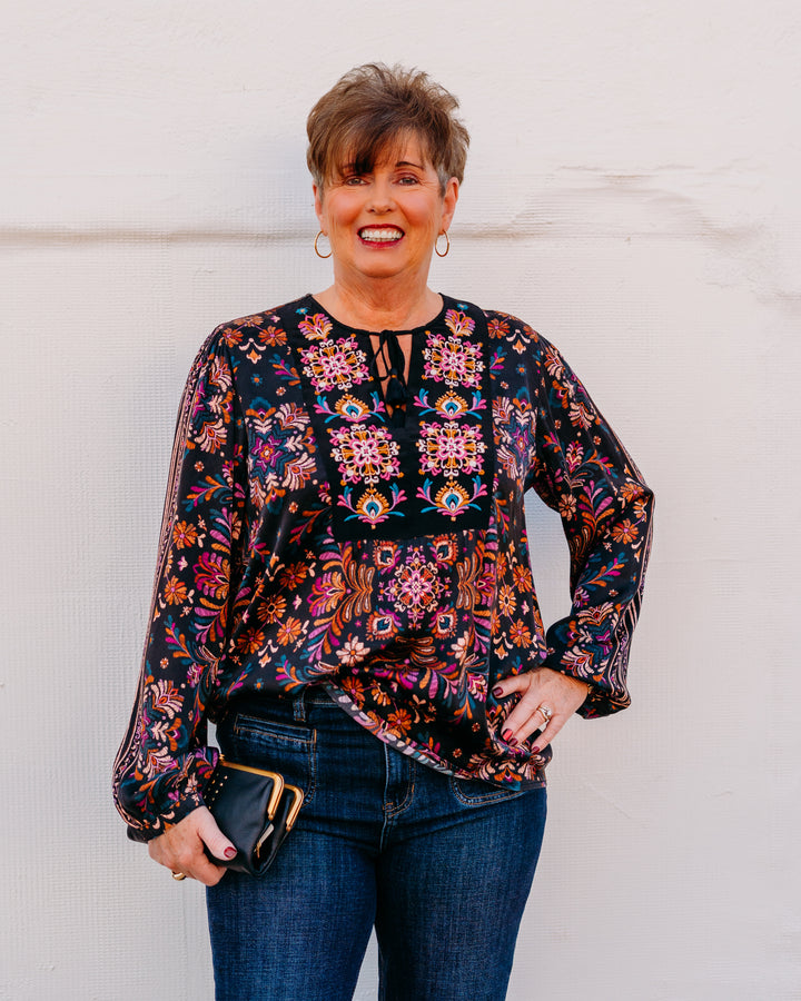 Johnny Was: Curved Hem Prairie Blouse in Brandi