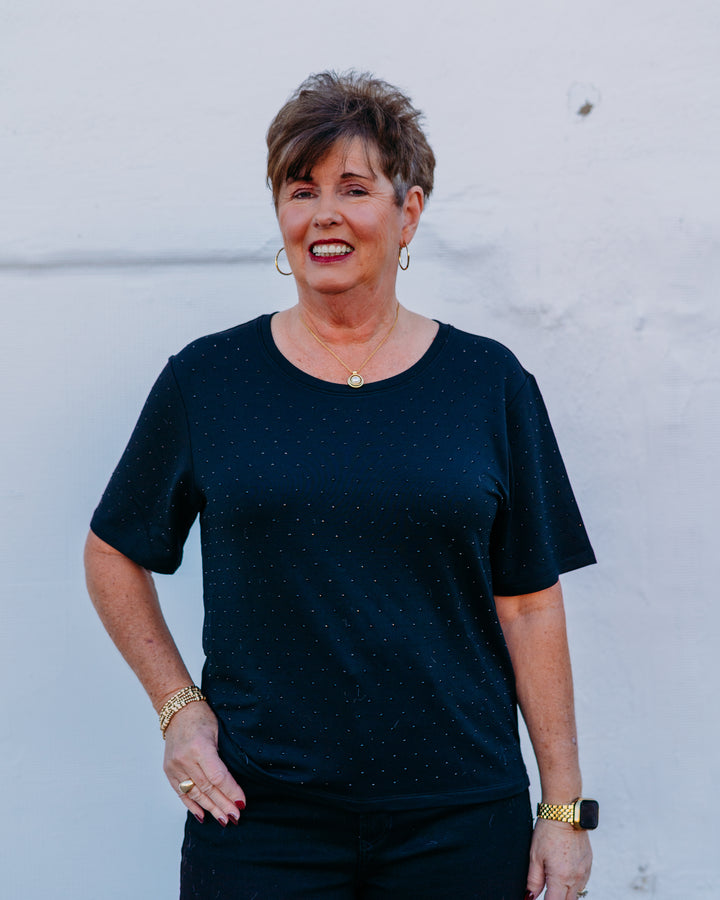 Joseph Ribkoff: Knit Scoop Neck T-Shirt with Rhinestones in Black (254968)