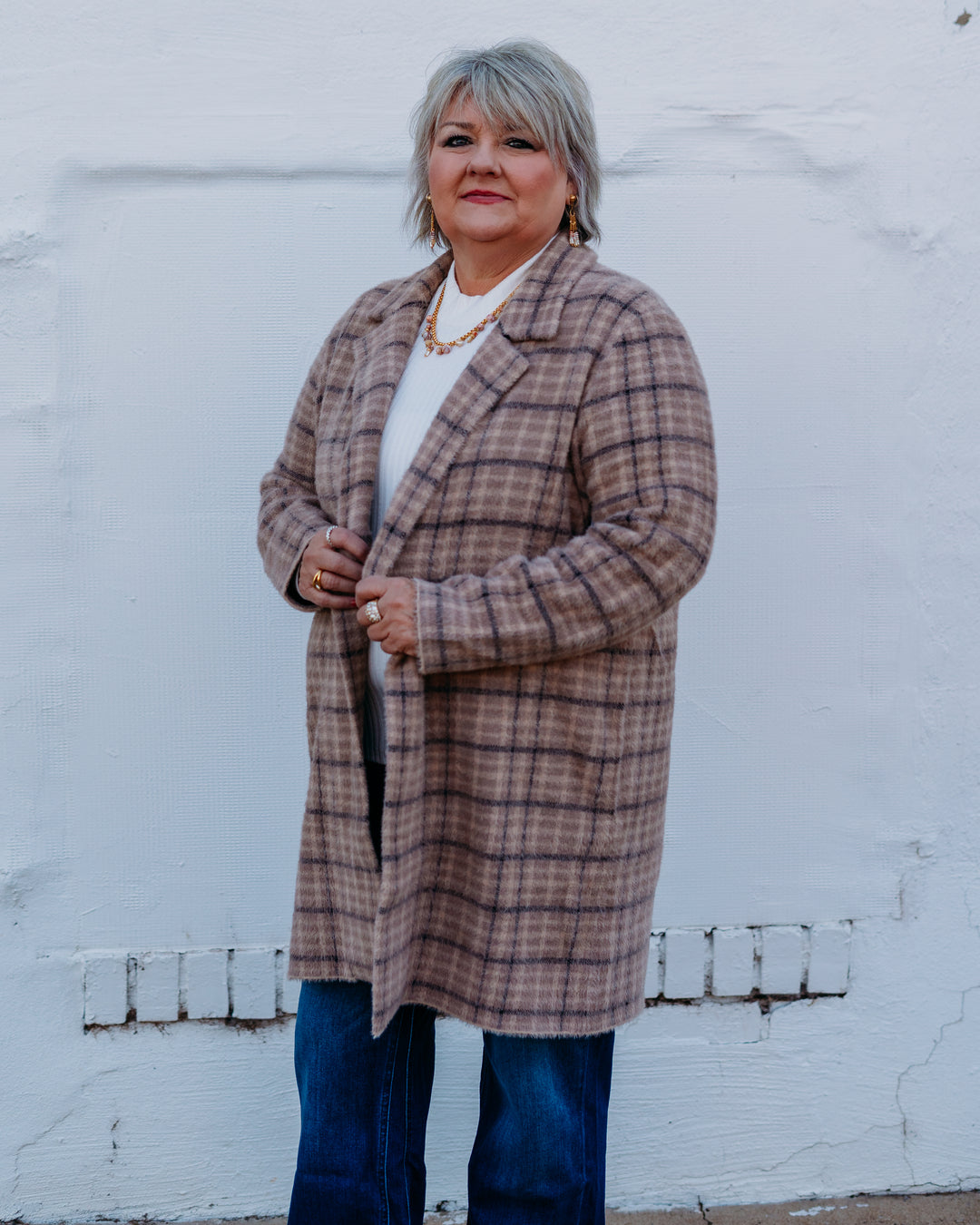 Liverpool: Long Sleeve Open Font Sweater Coat 32 3/4 in Camel Cream Plaid