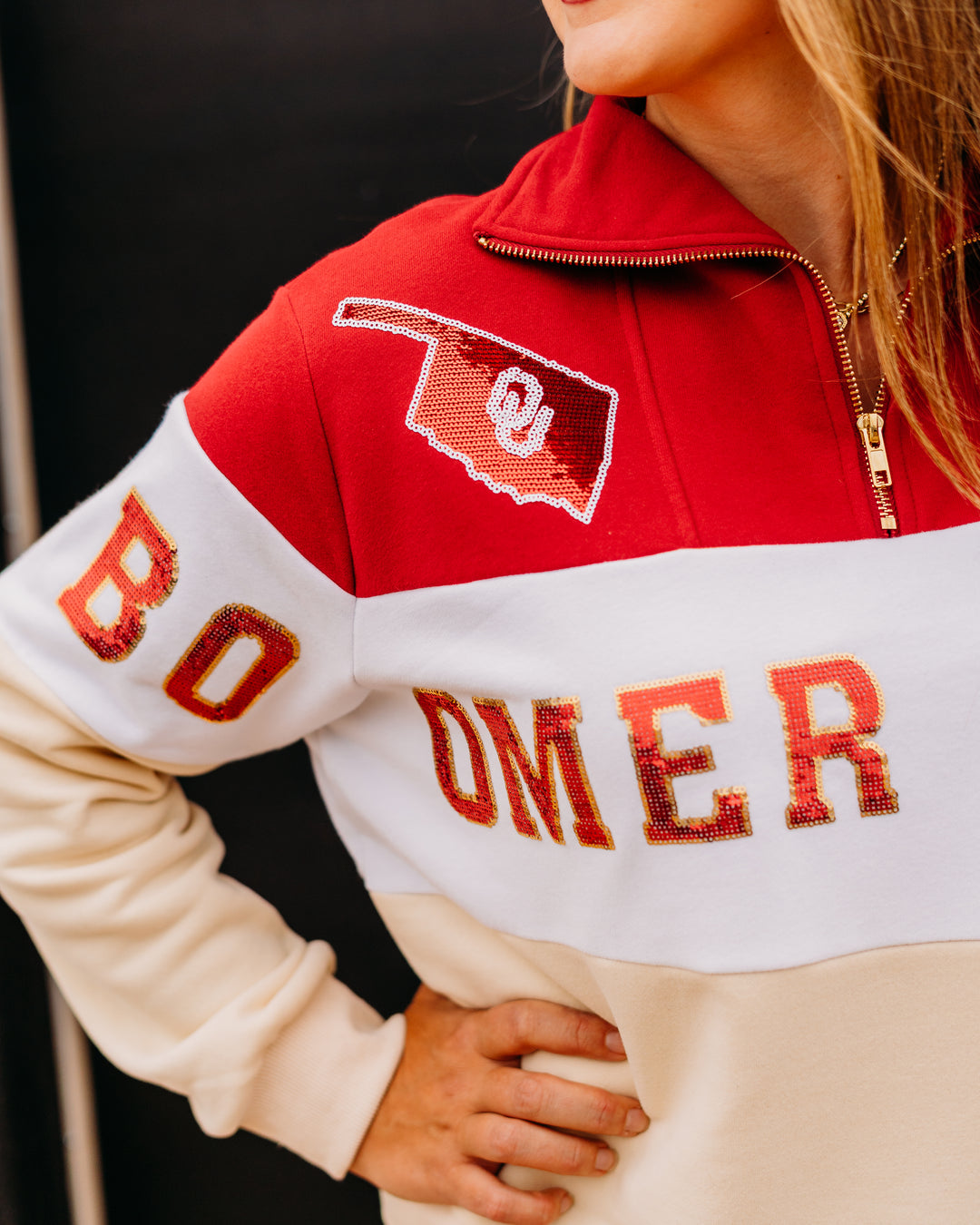 Queen Of Sparkles: Licensed Oklahoma Quarter Zip Colorblock Sweatshirt