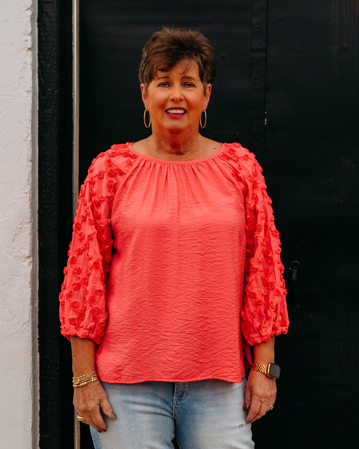 Multiples: 3/4 Puff Raglan Sleeve Wide Neck Peasant Top W/Strip Trim in Coral Pink