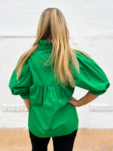 Jade: High Neck Puff Sleeve Top in Emerald 65J9784