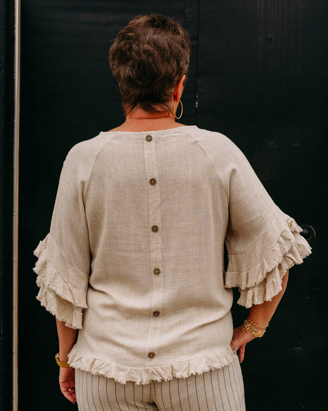 Multiples: Double Flounce Raglan Elbow Sleeve Scoop Neck Fringe Hem Top in Flax (M26720TM) - The Vogue Boutique