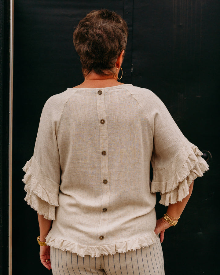 Multiples: Double Flounce Raglan Elbow Sleeve Scoop Neck Fringe Hem Top in Flax (M26720TM) - The Vogue Boutique