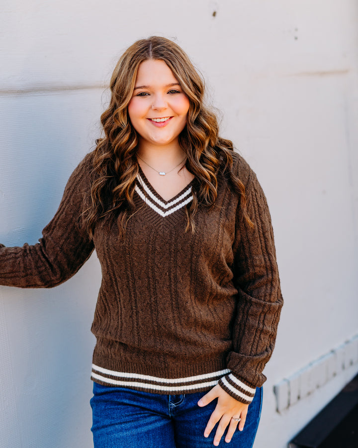Glyder: Hanalei Cable Knit Sweater in Chocolate and Oatmilk